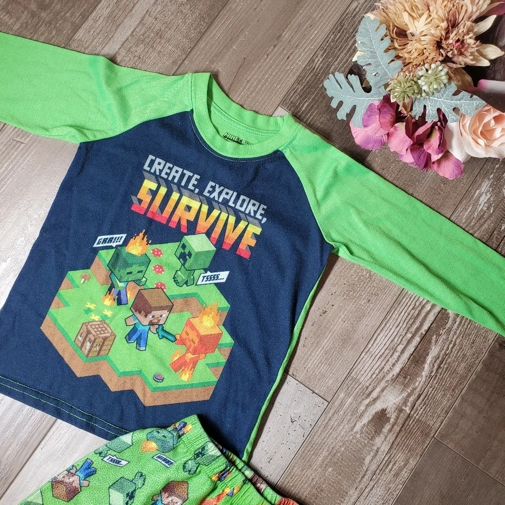 Minecraft Boys Size 4/5 Green 2pc Fleece Matching Pajama Pj Set EUC